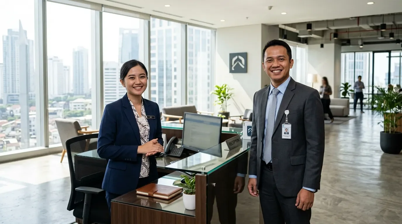 Petugas resepsionis dan konsultan hukum lingkungan Deka Enviro Konsultan menyambut kedatangan klien di kantor Surabaya
