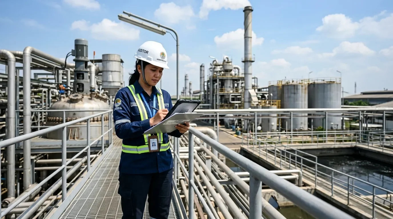 Auditor lingkungan tersertifikasi Deka Enviro Konsultan melakukan inspeksi kepatuhan fasilitas pengolahan air limbah industri