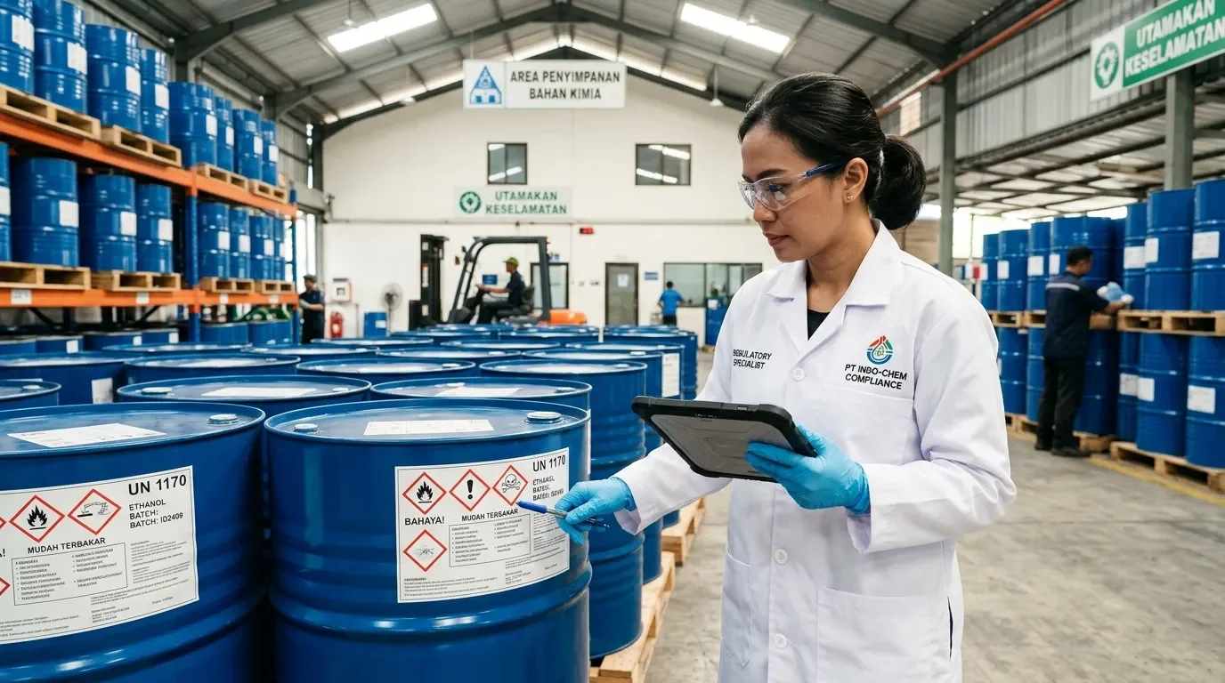 Spesialis kepatuhan regulasi bahan kimia Deka Enviro Konsultan memeriksa drum bahan B3 berlabel standar GHS di gudang distribusi