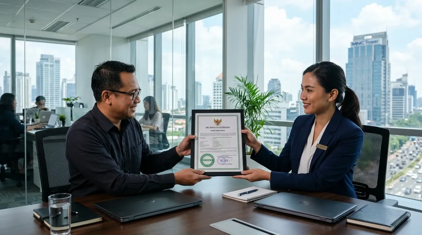 Konsultan legalitas lingkungan Deka Enviro Konsultan menyerahkan sertifikat NIB dan persetujuan lingkungan resmi terverifikasi kepada klien