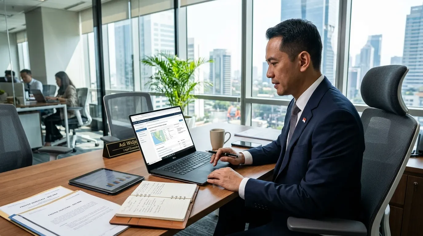 Konsultan hukum korporat dan lingkungan Deka Enviro Konsultan memproses perizinan berusaha berbasis risiko OSS-RBA di laptop