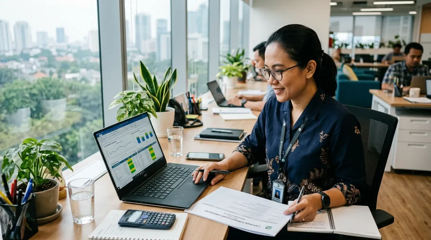 Spesialis kepatuhan lingkungan Deka Enviro Konsultan mengolah data uji laboratorium dan menyusun laporan pelaksanaan RKL-RPL semesteran