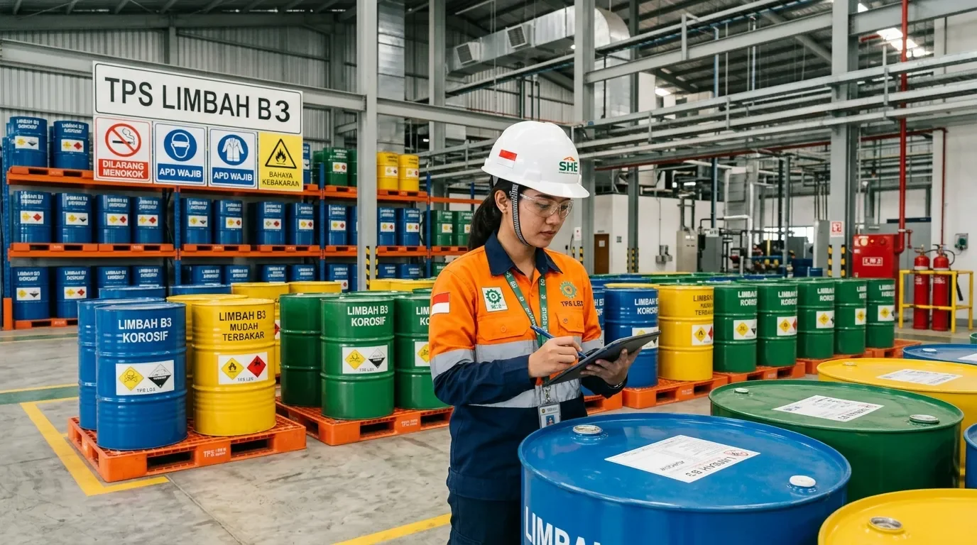 Insinyur keselamatan lingkungan Deka Enviro Konsultan memeriksa fasilitas Tempat Penyimpanan Sementara Limbah B3 (TPS B3) terstandarisasi dengan drum berlabel simbol bahaya