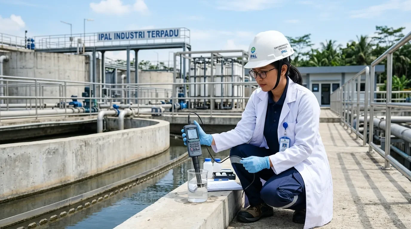 Insinyur lingkungan Deka Enviro Konsultan melakukan pengujian kualitas air limbah IPAL menggunakan digital probe di instalasi pengolahan air limbah terpadu