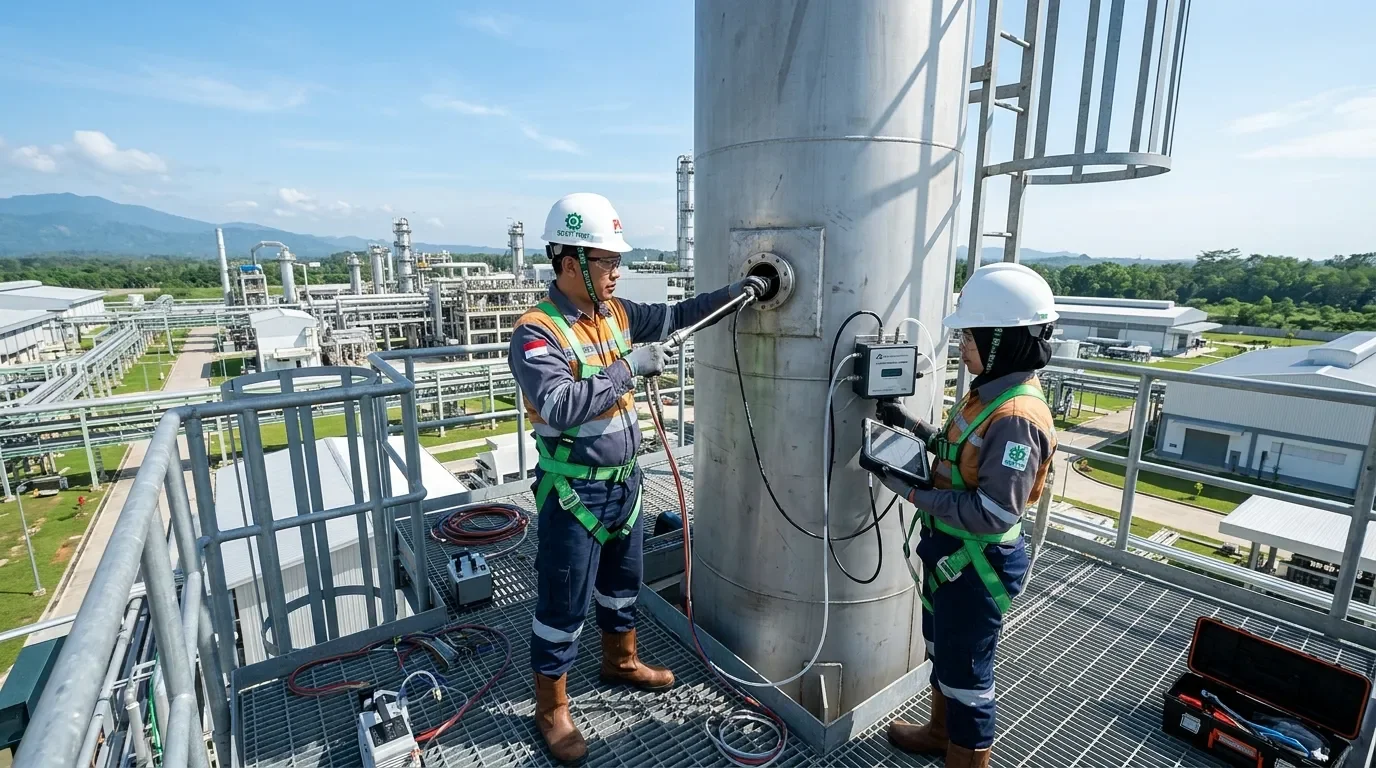 Insinyur lingkungan Deka Enviro Konsultan melakukan sampling uji emisi isokinetik cerobong industri di fasilitas pabrik manufaktur