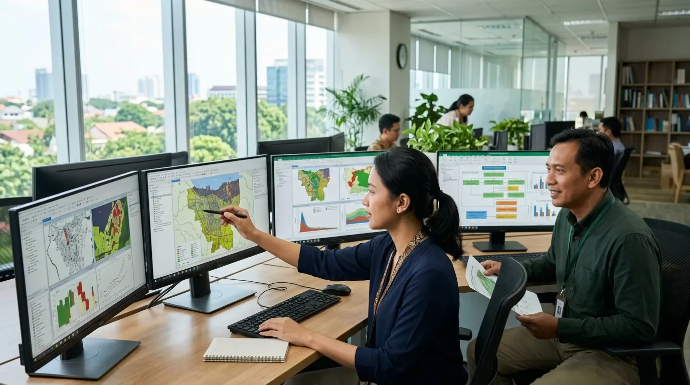 Tim ahli GIS dan konsultan lingkungan Deka Enviro Konsultan saat melakukan analisis penapisan tata ruang dan ambang batas dokumen lingkungan