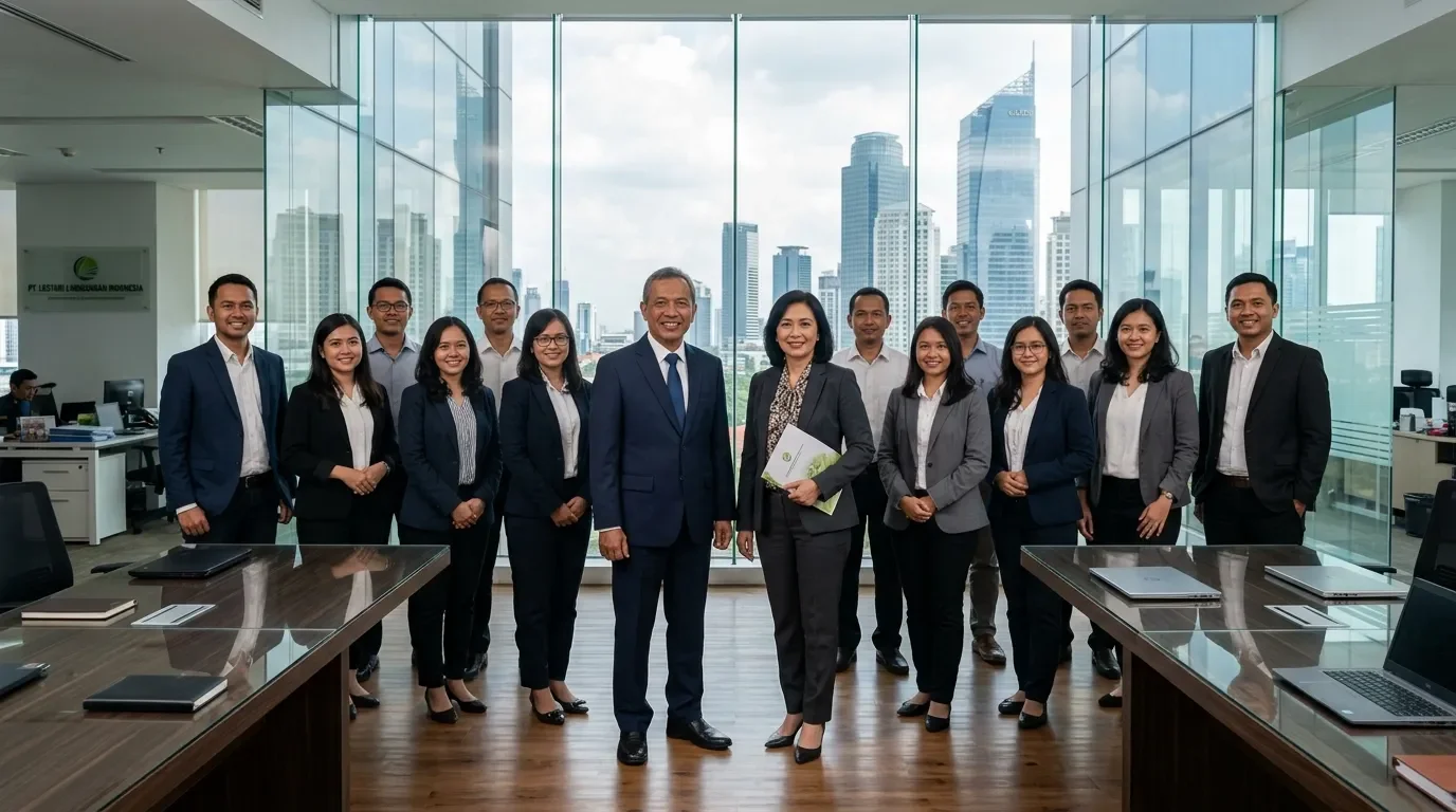 Tim Tenaga Ahli Konsultan Lingkungan Deka Enviro Konsultan bersama Ketua Tim Penyusun AMDAL (KTPA) dan insinyur lingkungan di ruang konferensi